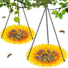 Bee Watering Station with Vivid Flower Design, Bee Bath Feeders for Outside with 30 Glass Balls, Butterfly Bath Bowl Bee Cups for Outdoor Garden Courtyard Decoration (2Pcs-Yellow)