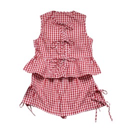 GORGLITTER Women's 2 Piece Outfits Summer Plaid Gingham Bow Tie Front Ruffle Tank Top Wide Leg Shorts Sets Red Small