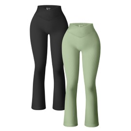 OQQ Women's 2 Piece Yoga Pants Ribbed Seamless Workout High Waist Cross Over Bell Bottoms Exercise Flare Leggings Black Pea Green
