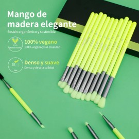 Brochas De Maquillaje Docolor Verde Neon 15 Piezas Color N1504 Brocha para sombras de ojos Pincel para delineador de ojos Cepillo para cejas