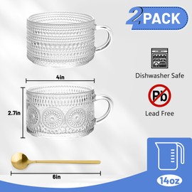 Vintage Glass Coffee Mugs 2 Set, 14oz Overnight Oats Containers with Bamboo Lids and spoon, Glass Coffee Tea Cups, Coffee Bar Accessories, Ideal Birthday, Holiday Gifts for Women