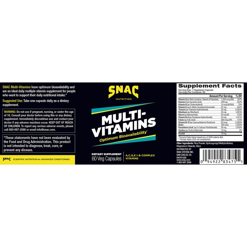 SNAC Multi-Vitamins Daily Supplement with Optimum Bio-Availability, 60 Capsules