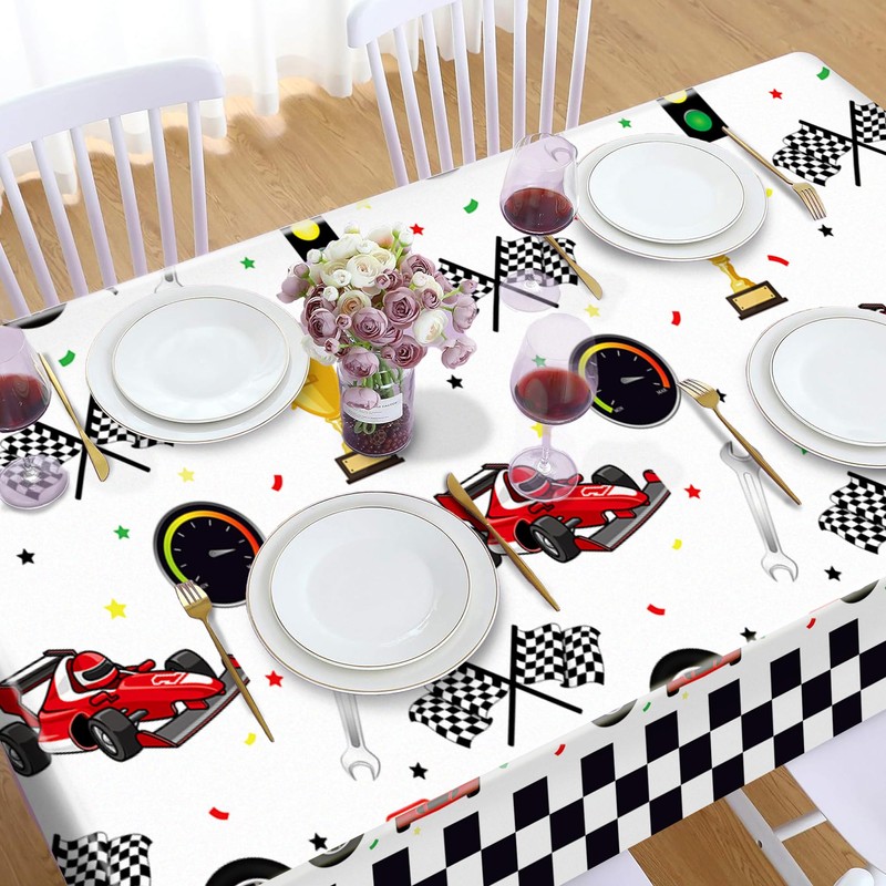 Parrtty Hurrican 2 Pcs Racing Car Plastic Tablecloths, Car Checkered
