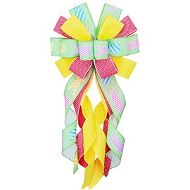 Large Easter Bows for Wreath , Spring Easter Colorful Bunny Rabbit Wreath Bows Decoration Green Yellow Pink Wreath Ribbon Bows for Front Door Holiday Tree Bows for Home Wall Decor Spring Easter Party