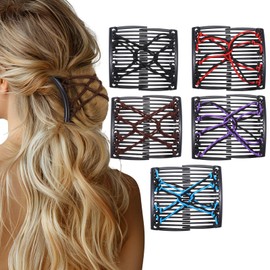 Wanmu Magic Hair Side Combs, 5 Pcs Stretchy Comb Clip for Women Adjustable Elastic Double Clips Bun Maker, No Crease Hair-Accessories