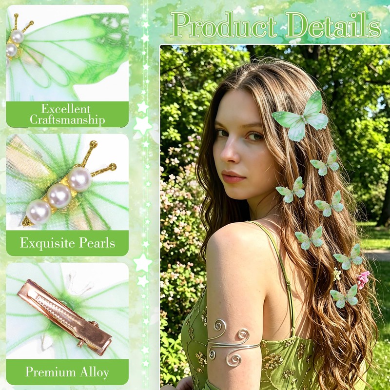 8Pcs Green Butterfly Hair Clips Fairy Halloween Hair Accessories