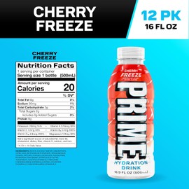 PRIME Hydration CHERRY FREEZE, Sports Drinks, Electrolyte Enhanced for Replenishing Fluids, 250mg BCAAs, B Vitamins, Antioxidants, Low Sugar, 16.9 Fl Oz, 12 Pack