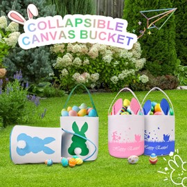 Ziwijity 2 Pack Easter Bunny Baskets for Kids - Easter Basket Bags with Handles, Canvas Rabbit Tote Bags for Easter Egg Hunts, Party Gifts, and Storage (Empty)(Pink+Blue)