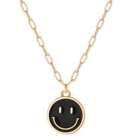Godyce Smile Pendant Necklace Smile Face Chain Necklace Paperclip Necklace Cute Round Pendant Necklace Preppy Jewelry for Women Girls (Black)