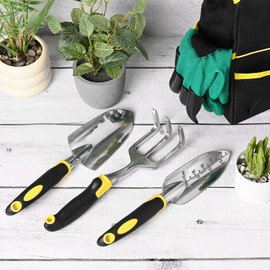M METERXITY 5-Pack Garden Tool Set, Gardening Gifts for Women, Mom, Men, Gardening Tools with Soft Rubberized Non-Slip Handle Storage Tote Bag [Yellow]