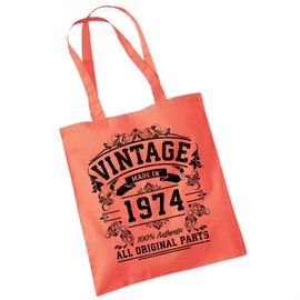 Bang Tidy Clothing 50th Birthday Gifts for Women Men Vintage Original Parts 1974 Funny Tote Bags Present CORAL