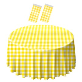 SietDESEO 2 Pack Yellow Gingham Tablecloth Round 84 x 84 Yellow and White Checkered Table Cloth Disposable Plastic Table Cover for Party Outdoor Picnic Wedding Yellow Plastic Tablecloth