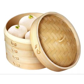 Vaporera Tradicional China de Bambú, 2 Niveles, Tejida a Mano, para Dumplings, Verduras, Pollo, Pescado (Caqui, 20CM)