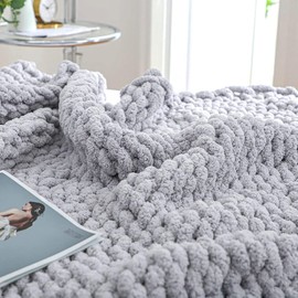 Bigacogo Chunky Knit Throw Blanket for Couch, 80x90 inches, 100% Hand Knitted with Thick Jumbo Chenille Yarn, Cozy Soft Large Rope Knot Cable Crochet Blankets for Sofa Bed Living Room, Light Grey