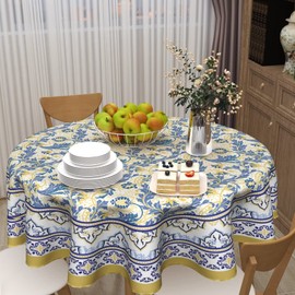 Yellow and Blue Floral Tablecloth Round 60 Inch Farmhouse Boho Tablecloth Spring Summer Fabric Table Cloth With Wrinkle Resistant For Kitchen Holiday Picnic Party Dinner Room Indoor Outdoor Decor