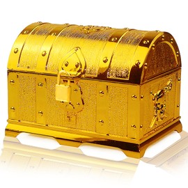 Eyezeeption Treasure Chest Children's Birthday Gold Treasure Chest Children with Lock and Key, Pirate Children's Birthday Treasure Chest Small for Storage and Decoration (Gold Treasure Chest)