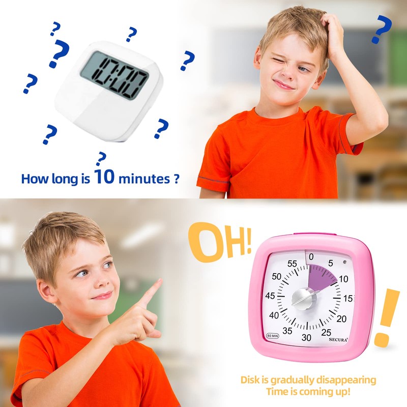 Secura 60-Minute Visual Timer, Silent Study Timer for Kids and