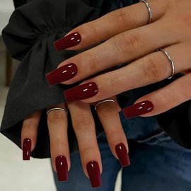 SXVME Uñas postizas cuadradas largas en rojo burdeos con pegamento para mujer, uñas postizas naturales y sencillas, uñas postizas medianas, uñas de ge