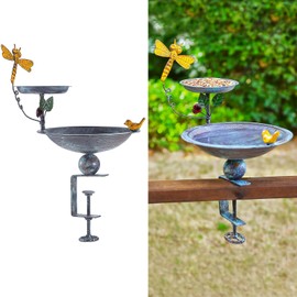 Deck Mounted Bird Bath and Feeder, Balcony Metal Birdbaths for Outdoors Adjustable, Antique Heavy Duty Clamp for Garden Decor Yard