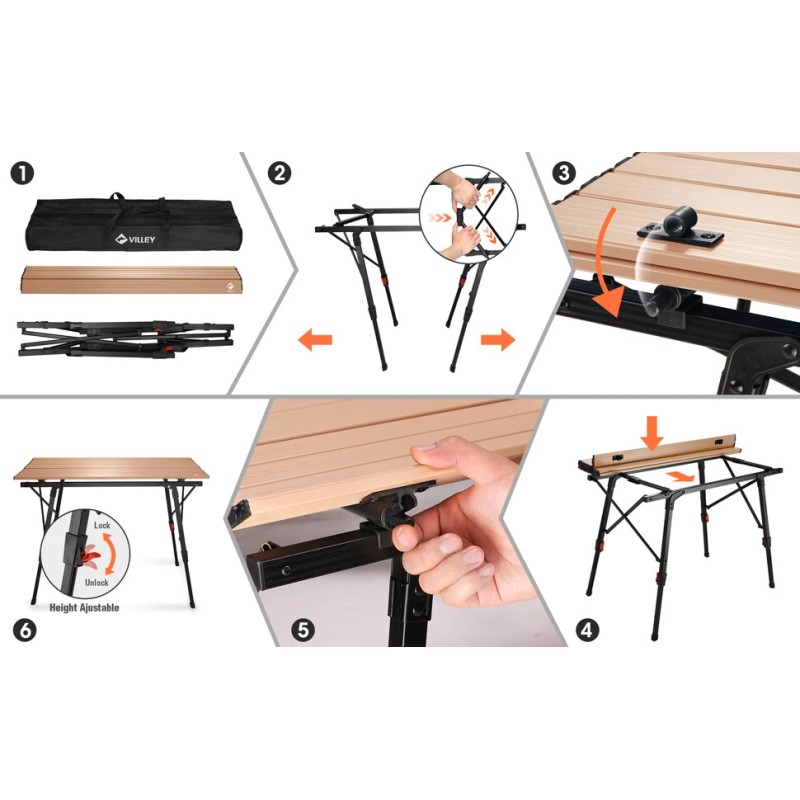 VILLEY Portable Camping Table w/Adjustable Legs Blue/Green/Gol - Gold