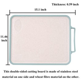 Double-Sided Cutting Board With Blue Edge, Stainless Steel Cutting Board & Wheat Fibre Chopping Board for Fruit Meat, Juice Grooves Design Chopping Board, Dishwasher Safe (15.1”x11.46”)
