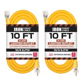 Iron Forge Cable 10 Gauge Extension Cord 10 ft, 2 Packs, 10/3 Heavy Duty Extension Cord Outdoor 3 Prong, Weatherproof Yellow Power Cable 15 AMP Great for Generator, Compressor, Major Appliances