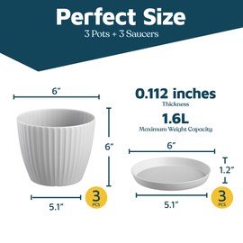 White 6-Inch Plant Pots with Drainage & Saucers 3 Pack, Indoor & Outdoor Planters for Houseplants, Herbs, and Flowers, Durable & Weatherproof Material, Stackable, Lightweight, Minimalist Design
