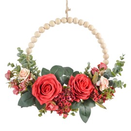 Christmas Wood Bead Red Rose Wreath Boho Farmhouse Decor Artificial Flower Eucalyptus Wreath for Front Door Windows Wall Hanging Room Decor 12" (Red)