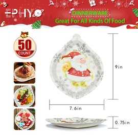 EPHYO 50 Count Christmas Paper Plates Disposable Dinner Party Plates Snowflake Oval Santa Claus Holiday Dinnerware for Dessert Salad Appetizer Cookies