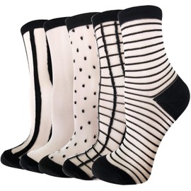 Cityelf 5 Pack Women Sheer Socks Summer Ruffle Thin Cool Socks See Through Silky Lace Ankle Cute Socks Stocking