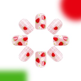 Strawberry Press on Nails Short Square Fake Nails Pink False Nails Press ons with Designs Flower Glossy Full Cover Acrylic Glue on Nails Cute Artificial Stick on Nails for Women Nails Manicure 24Pcs