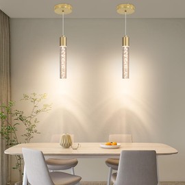 2 Pack Modern Kitchen Island Hanging Light, Gold LED Pendant Lights Fixture, Bubble Acrylic, 3 Color Temperatures, Mini Ceiling Chandelier Lighting for Dining Room, Bedroom, Foyer Entrance, Cafe Bar