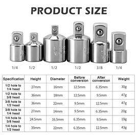 Parthan 6 Stück Adapter Set für Stecknüsse, 1/2 zu 1/4,1/2 zu 3/8,1/4 zu 3/8,1/4 zu 1/2, 3/8 zu 1/2, 3/8 zu 1/4, Adapter-Set für Ratschen, Chromoberfläche, präzise Verarbeitung