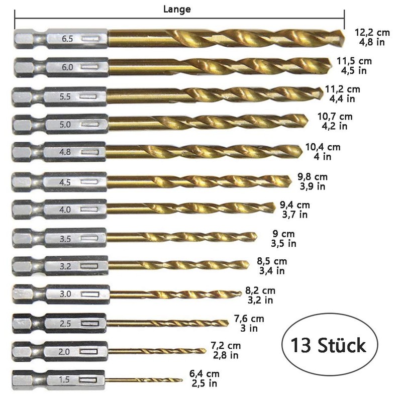 Drill Bit Set, 13 Pieces Hex Shank, High Speed Steel