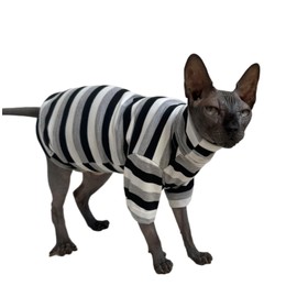 Vintage Stripes Sphynx Hairless Cats Shirt Cotton Cat Turtleneck Pet Clothes Kitten T-Shirts with Sleeves for Sphynx Cats (Black Grey White, Medium)