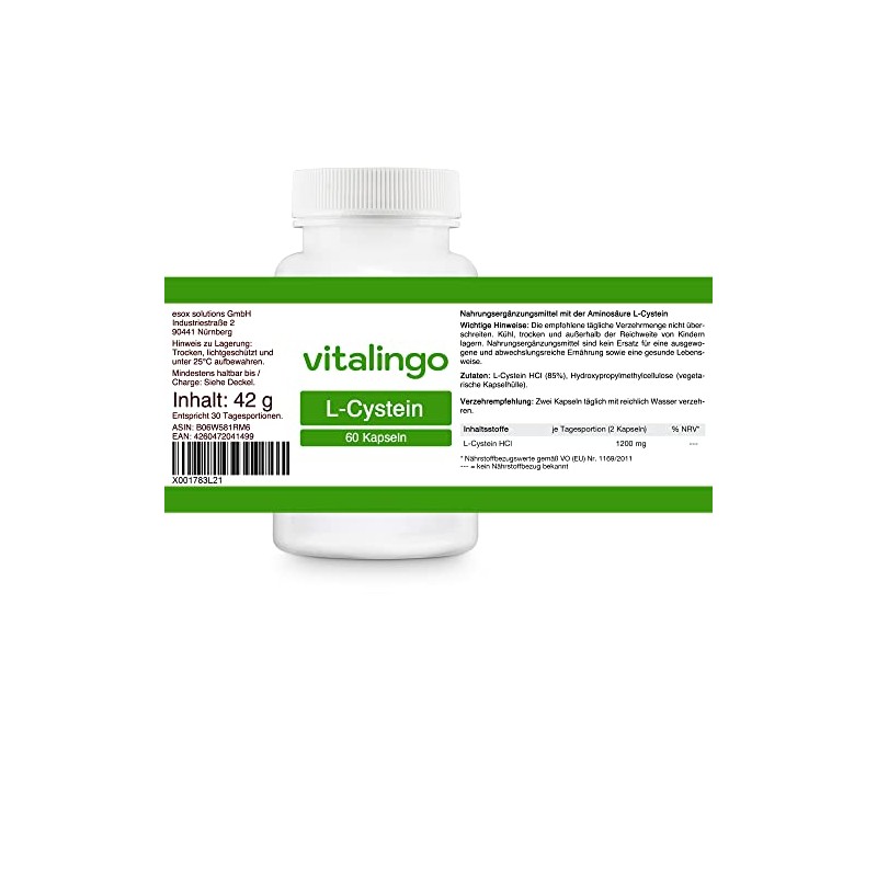 L-Cysteine Capsules, 60 Capsules of 700 mg, 600 mg per