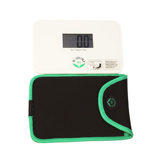 NewlineNY Step On Super Mini Smallest Travel Bathroom Scale with Protection Sleeve: NY-SMS-S001-BG + SBB0638SM-WH Off White