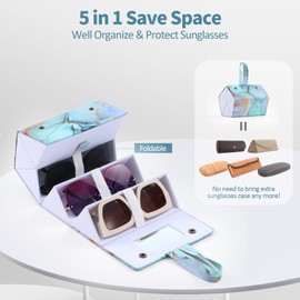 Muf Travel Sunglass Organizer 5 Slots,Sunglass Case for Multiple Sunglasses Suit for Oversized Sunglass,Leather Glasses Case Storage with Mirror & Strap for Women Men,Green Marble