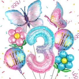 Futureferry Butterfly Balloons 3rd Birthday Decorations for Girls Colorful Gradient Pink Butterfly Foil Balloons for Fairy First Birthday Party Baby Shower Decor (Number 3)