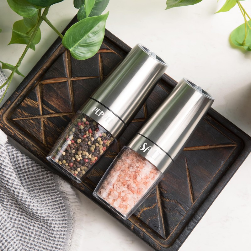 Automatic Salt and Pepper Grinder Set (2pc). One Hand Operation,
