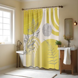 QGHOT Mustard Yellow Shower Curtain Boho Mid Century Yellow and Grey White Shower Curtains for Bathroom Decor, Waterproof Cloth Fabric with Hooks, 70" W x 72" L