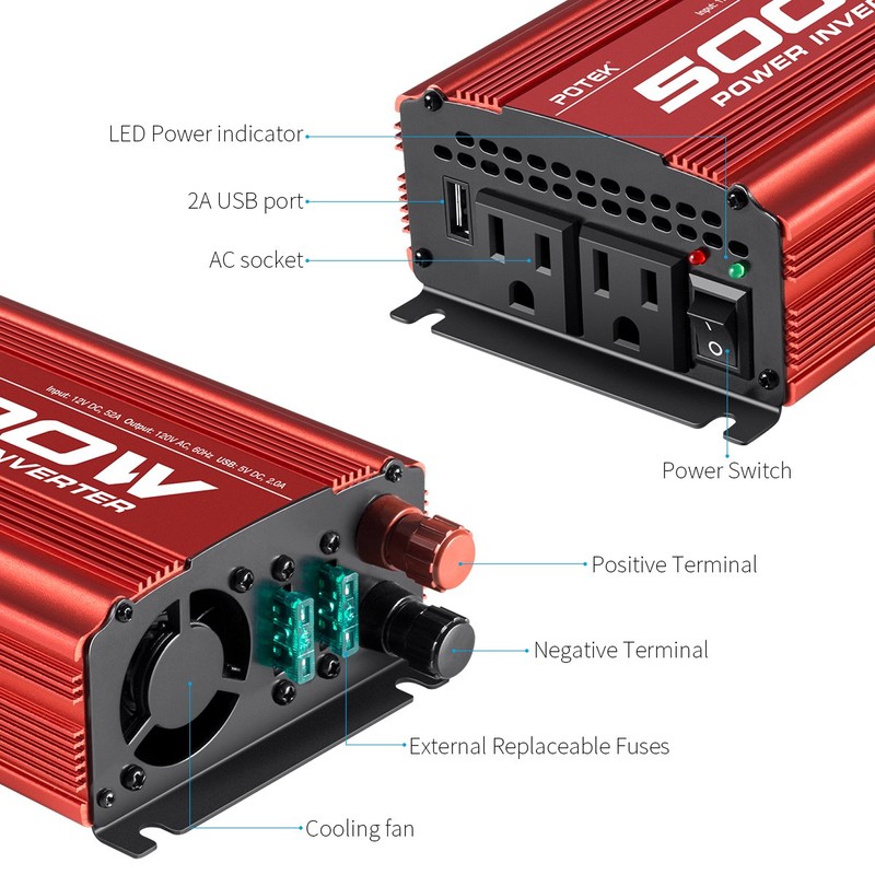 POTEK 500W Car Power Inverter DC 12V to AC 110V