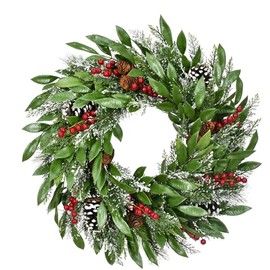 Fraser Hill Farm Green Mixed Leaf Wreath with Red Berries and Pinecones, 25 Inch Diameter | Perfect Christmas Decoration for Walls, Front Doors, and Fireplace Mantles | FF003CHWR-025-0GR
