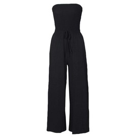 ECDAHICC Women's Strapless Tube Top Rompers Casual Off Shoulder Solid Color Belted Wide Leg Jumpsuit with Pockets, Black, X-Large