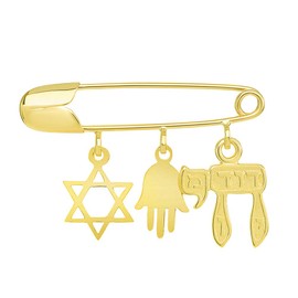 14K Yellow Gold Jewish Symbol Safety Pin with Star of David, Hamsa, & Chai Charms