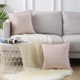 Top Finel Decorative Throw Pillow Covers 22 x 22 Inch Soft Particles Velvet Solid Cushion Covers with Pom-poms for Couch Bedroom Car 55 x 55 cm, Pack of 2, Blush Pink