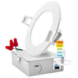 LUXRITE 4 Inch Ultra Thin LED Recessed Light with Junction Box, 10W, CCT Color Selectable 2700K | 3000K | 3500K | 4000K | 5000K, Dimmable Wafer Lights, 750 Lumens, ETL & Energy Star, IC Rated