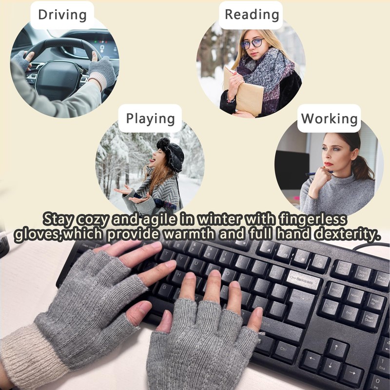 2 Pairs Fingerless Gloves for Women Men, Winter Knitted Touchscreen