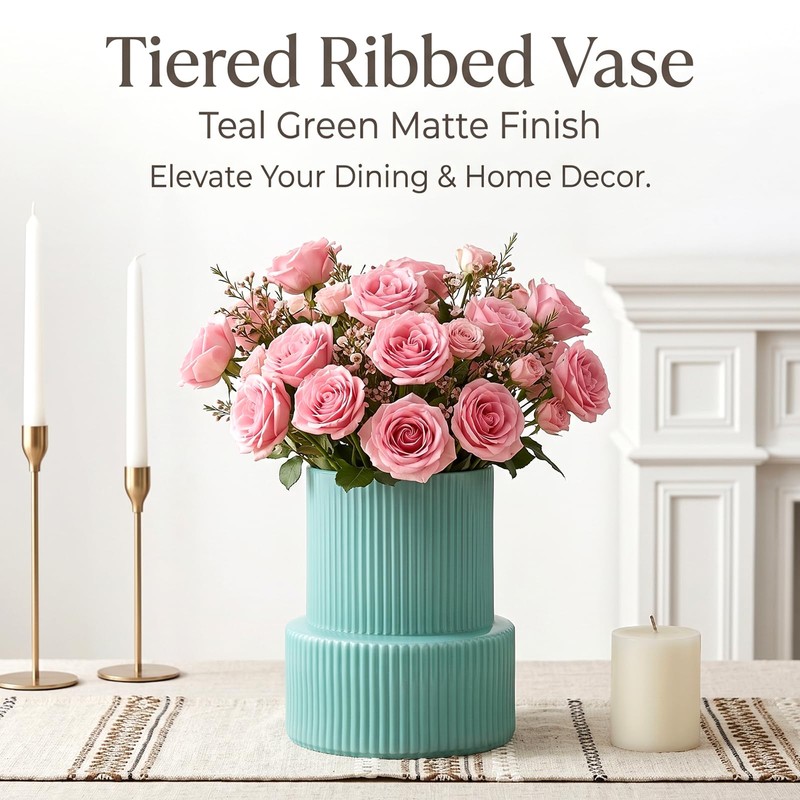 Green Ribbed Glass Vase, Modern Design Flower Vase