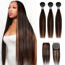 Ombre Straight Bundles Human Hair P1B30 Highlight Bundles Human Hair with Closure 12A Brazilian Unprocessed Human Hair Bundles with 4x4 HD Lace Closure Colored Bundles 20 22 24+20inch